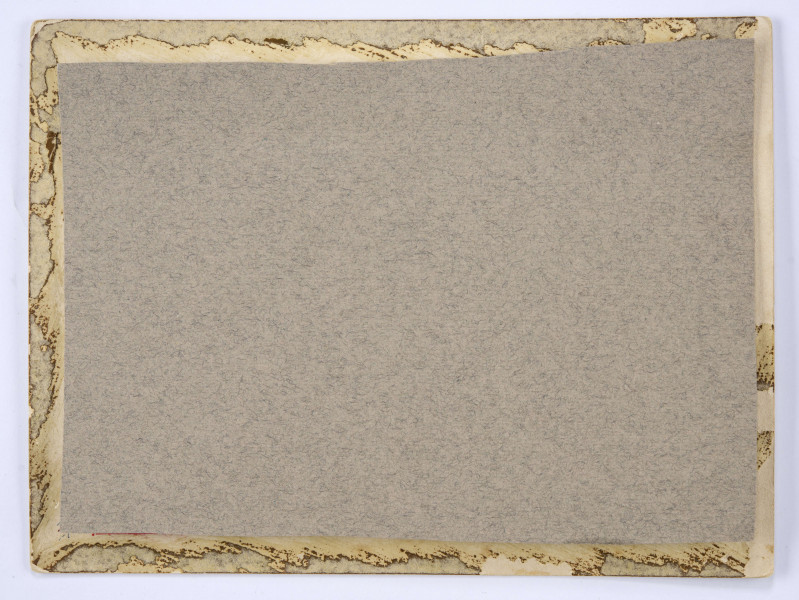 Widok na aleje parkową w Ogrodzie Saskim w Lublinie. Ujęcie w perspektywie. Na pierwszym planie aleja prowadząca w głąb parku i rozwidlająca się na dwie części, po obu stronach otoczona niskim ogrodzeniem. Pośrodku widocznych kilku spacerowiczów. Odwróceni od obiektywu: kobieta w ciemnej sukni z rozłożoną parasolką oraz idąca obok postać kobieca w jasnej sukni, za i przed nimi mężczyźni w mundurach i strojach cywilnych. Z naprzeciwka idące trzy postacie. Po bokach wysokie drzewa oraz opalikowane młode drzewka. 
Fotografia sepiowana, naklejona na tekturę, otoczona ozdobną ramką w kolorze złotym o motywach geometryczno-roślinnych.