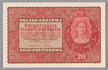 N/Bn/699/ML - Aw. W falistej ramce ornamentyka kwietna w stylu wiedeńskiej secesji. Z prawej w stylizowanej tarczy wizerunek królowej Jadwigi, według Jana Matejki. Wyżej w mniejszej tarczy godło państwowe, niżej oznaczenie nominału - 20. W ramce z lewej, na tle nominału - 20, od góry: POLSKA . KRAJOWA / DWADZIEŚCIA / MAREK POLSKICH;   niżej drobnym drukiem: PAŃSTWO POSLKIE BIERZE NA SIEBIE ODPOWIEDZIALNOŚĆ ZA WY- / MIANĘ NINIEJSZEGO BILETU NA PRZYSZŁĄ WALUTĘ POLSKĄ WE- / DŁUG STOSUNKU, KTÓRY DLA MAREK POLSKICH UCHWALI SEJM / USTAWODAWCZY. WARSZAWA, DNIA 23. SIERPNIA 1919 ROKU / DYREKCJA POLSKIEJ KRAJOWEJ KASY POŻYCZKOWEJ
Podpisy: Józef Zarzycki (Dyrekcja PKKP); Marian Karpus (Skarbnik Główny)

Rw. W falistej ramce ornamentyka kwietna. U góry na osi godło państwowe, po bokach od lewej numer i seria: II Serja EY – No 116136. Niżej ramka z czterowierszowym tekstem mówiącym o sankcjach karnych za fałszowanie pieniądza, po bokach w ozdobnych tondach oznaczenie nominału: 20 – 20
