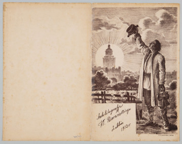 ML/H/1561/11 - Na pierwszym planie w prawej części grafiki mężczyzna w stroju chłopskim. W lewej ręce wzniesionej do góry trzyma czapkę, w drugiej dwojaki. Ubrany w koszulę przewiązaną pasem, lużne spodnie i płaszcz z wywiniętymi rękawami, na nogach buty wiązane. Głowa profilem, lekko wzniesiona, usta otwarte. Obok po lewej stronie w pustym prostokątnym polu napis: 