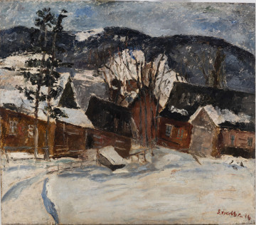 Fragment góralskiej wioski zimą. Na pierwszym planie połać biało – błękitno – szarego śniegu. W głębi drewniane domy o stromych ciemnych dachach, z plamami bieli śniegu. W tle wysokie granatowo ciemne pasy gór łagodnych zboczach. Wąski pas ciemnoniebieskiego nieba. Rysunek uproszczony, swobodny dukt pędzla.  