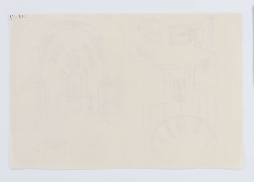 Projekt niezrealizowanej polichromii do kościoła akademickiego KUL. Szkic wystroju prezbiterium przedstawiający trzy projekty ołtarza. Ołtarze z rozbudowymi nastawami ołtarzowymi, o  prostokątnym korpusie, z parą zamykanych skrzydeł i zróżnicowanymi zwieńczeniami (ołtarz w lewej górnej oraz prawej części przedstawienia) Mensa ołtarzowa z krzyżem i parą ustawionych po bokach lichtarzy. Okna prezbiterium zamknięte półkoliście. 

