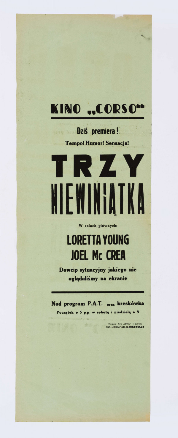 Na zielonym papierze w podłużnym, pionowym formacie druk zróżnicowanej wielkości czcionką. Zapowiedź premiery filmu 