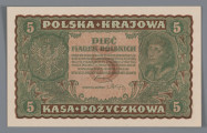 N/Bn/693/ML - Aw. W falistej ramce ornamentyka kwietna w stylu wiedeńskiej secesji. Z lewej stylizowana tarcza z godłem państwowym; z prawej w stylizowanej tarczy wizerunek Tadeusza Kościuszki 3/4 w lewo. W polu centralnym dużym liternictwem: PIĘĆ / MARKEK POLSKICH; niżej drobnym drukiem: PAŃSTWO POSLKIE BIERZE NA SIEBIE ODPOWIEDZIAL- / NOŚĆ ZA WYMIANĘ NINIEJSZEGO BILETU NA PRZYSZŁĄ / WALUTĘ POLSKĄ WEDLUG STOSUNKU, KTÓRY DLA / MAREK POLSKICH UCHWALI SEJM USTAWODAWCZY. / WARSZAWA, DNIA 23. SIERPNIA 1919 ROKU / DYREKCJA POLSKIEJ KRAJOWEJ KASY POŻYCZKOWEJ
W tle oznaczenie nominału, stylizowaną cyfrą arabską.
Podpisy: Józef Zarzycki (Dyrekcja PKKP); Marian Karpus (Skarbnik Główny)
U góry, przy ramce dużym liternictwem: POLSKA . KRAJOWA; u dołu KASA . POŻYCZKOWA
W rogach tonda z oznaczeniem nominału cyfrą arabską.

Rw. W falistej rance ornamentyka kwietna. W polu centralnym w stylizowanej tarczy godło państwowe; wyżej w stylizowanej ramce tekst z sankcją karną za fałszowanie biletów PKKP. Po bokach, w tondach, oznaczenie nominału cyfrą arabską; niżej numer i seria: II SERJA BG –  No 827,073