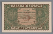 N/Bn/693/ML - Aw. W falistej ramce ornamentyka kwietna w stylu wiedeńskiej secesji. Z lewej stylizowana tarcza z godłem państwowym; z prawej w stylizowanej tarczy wizerunek Tadeusza Kościuszki 3/4 w lewo. W polu centralnym dużym liternictwem: PIĘĆ / MARKEK POLSKICH; niżej drobnym drukiem: PAŃSTWO POSLKIE BIERZE NA SIEBIE ODPOWIEDZIAL- / NOŚĆ ZA WYMIANĘ NINIEJSZEGO BILETU NA PRZYSZŁĄ / WALUTĘ POLSKĄ WEDLUG STOSUNKU, KTÓRY DLA / MAREK POLSKICH UCHWALI SEJM USTAWODAWCZY. / WARSZAWA, DNIA 23. SIERPNIA 1919 ROKU / DYREKCJA POLSKIEJ KRAJOWEJ KASY POŻYCZKOWEJ
W tle oznaczenie nominału, stylizowaną cyfrą arabską.
Podpisy: Józef Zarzycki (Dyrekcja PKKP); Marian Karpus (Skarbnik Główny)
U góry, przy ramce dużym liternictwem: POLSKA . KRAJOWA; u dołu KASA . POŻYCZKOWA
W rogach tonda z oznaczeniem nominału cyfrą arabską.

Rw. W falistej rance ornamentyka kwietna. W polu centralnym w stylizowanej tarczy godło państwowe; wyżej w stylizowanej ramce tekst z sankcją karną za fałszowanie biletów PKKP. Po bokach, w tondach, oznaczenie nominału cyfrą arabską; niżej numer i seria: II SERJA BG –  No 827,073