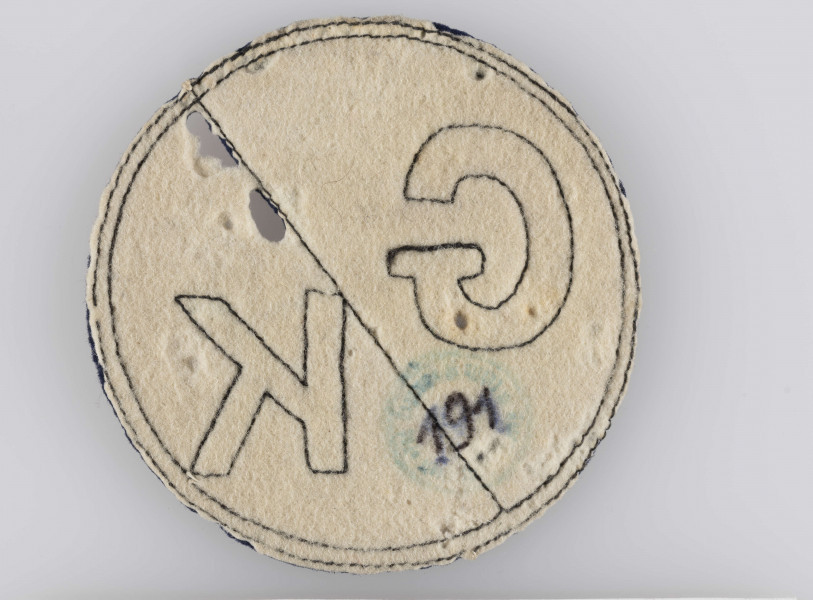 Tarcza szkolna Gimnazjum Krawieckiego Żeńskiego w Lublinie, 1918-1939 r. Okrągła, biało-granatowa z dużymi literami 