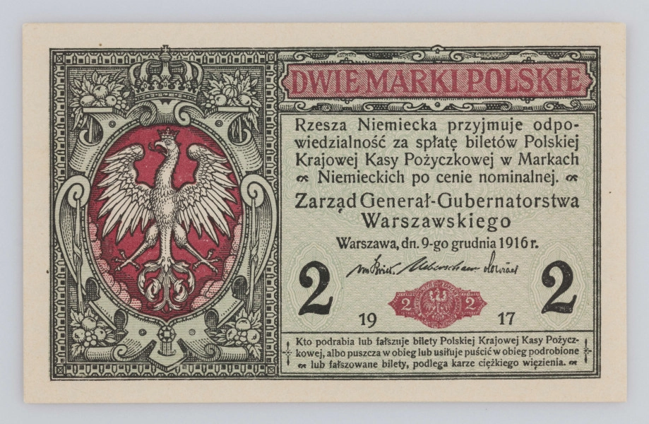 N/Bn/1655/ML - Aw. Z lewej w czerwonym bogato zdobionym kartuszu Orzeł polski. Z prawej u góry: DWIE MARKI POLSKIE. Niżej 4-wierszowy tekst: 
Rzesza Niemiecka przyjmuje odpo- / wiedzialność za spłatę biletów Polskiej / Krajowej Kasy Pożyczkowej w Markach / Niemieckich po cenie nominalnej.
Niżej:
Zarząd Generał-Gubernatorstwa / Warszawskiego / Warszawa, dn. 9-go grudnia 1916 r. Faksymilowane podpisy: von Kries, Überschaer, von Conrad 
Niżej graficzne przedstawienie pieczęci Zarządu Generał-Gubernatorstwa Warszawskiego na wstędze z oznaczeniem nominału  - w kolorze czerwonym - rozdziela datę 19 – 17. Po bokach 2 – 2. U dołu sankcja 3-wierszowa sankcja karna.

Rw. Z lewej i prawej medaliony z żeńskimi głowami. Napis, u góry:
BILET POLSKIEJ KRAJOWEJ / KASY POŻYCZKOWEJ
u dołu:
DWIE MARKI POLSKIEJ
Pośrodku oznaczenie nominału: 2
Seria i numer: B.3492157
