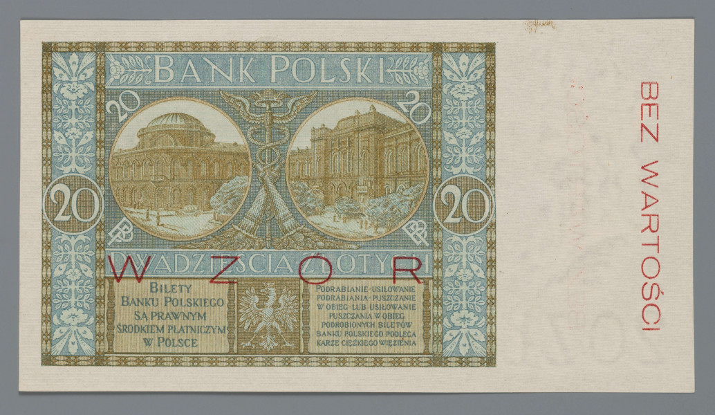 N/Bn/1623/ML - Aw. W prostej ramce centralnie ozdobny owalny kartusz z treścią: Bank Polski / DWADZIEŚCIA / ZŁOTYCH / Warszawa D. 1 Marca 1926 R. / PREZES BANKU / NACZELNY DYREKTOR / SKARBNIK
Odpowiednio podpisy: Stanisława Karpińskiego, Władysława Mieczkowskiego, Stanisława Orczykowskiego.
Po bokach kartusza postacie, z lewej sybmolizująca rolnictwo, z prawej przemysł. Oznaczenie nominału w rogach ramki i w kartuszu centralnie na środku u góry - 20 oraz słownie: DWADZIEŚCIA – ZŁOTYCH. W ramce na osi poziomej splecione litery: BP – BP. U dołu w  seria i numer: SER.S – 0245678. Na marginesie znak wodny, popiersie Kazimierza Wielkiego i nadruk w kolorze czerwonym pionowo do góry: BEZ WARTOŚCI

Rw. W prostej ramce u góry napis: BANK POLSKI. Niżej dwa równoległe tonda z wizerunkami Banku Polskiego; w lewym stary budynek z 1828 r. (na Placu Bankowym), w prawym budynek z okresu międzywojennego przy ul. Bielańskiej. Tonda rozdzielone kaduceuszem - atrybutem Hermesa, boga handlu. Nad tondami skośnie oznaczenie nominału - 20, poniżej splecione litery BP. Niżej w ramce napis: DWADZIEŚCIA ZŁOTYCH. U dołu godło państwa polskiego, bo bokach ramki z napisami; z lewej: BILETY / BANKU POLSKIEGO / SĄ PRAWNYM / ŚRODKIEM PŁATNICZYM / W POLSCE
z prawej: PODRABIANIE - USIŁOWANIE / PODRABIANIA - PUSZCZANIE / W OBIEG - LUB - USIŁOWANIE / PUSZCZANIA W OBIEG / PODROBIONYCH BILETÓW / BANKU POSLKIEGO PODLEGA / KARZE CIĘŻKIEGO WIĘZIENIA
Oznaczenie nominału w ramce na osi poziomej: 20 – 20. Czerwony poziomy nadruk: WZÓR
Na marginesie znak wodny, popiersie króla Kazimierza Wielkiego i pionowy czerwony nadruk skierowany do dołu: BEZ WARTOŚCI
