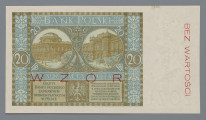 N/Bn/1623/ML - Aw. W prostej ramce centralnie ozdobny owalny kartusz z treścią: Bank Polski / DWADZIEŚCIA / ZŁOTYCH / Warszawa D. 1 Marca 1926 R. / PREZES BANKU / NACZELNY DYREKTOR / SKARBNIK
Odpowiednio podpisy: Stanisława Karpińskiego, Władysława Mieczkowskiego, Stanisława Orczykowskiego.
Po bokach kartusza postacie, z lewej sybmolizująca rolnictwo, z prawej przemysł. Oznaczenie nominału w rogach ramki i w kartuszu centralnie na środku u góry - 20 oraz słownie: DWADZIEŚCIA – ZŁOTYCH. W ramce na osi poziomej splecione litery: BP – BP. U dołu w  seria i numer: SER.S – 0245678. Na marginesie znak wodny, popiersie Kazimierza Wielkiego i nadruk w kolorze czerwonym pionowo do góry: BEZ WARTOŚCI

Rw. W prostej ramce u góry napis: BANK POLSKI. Niżej dwa równoległe tonda z wizerunkami Banku Polskiego; w lewym stary budynek z 1828 r. (na Placu Bankowym), w prawym budynek z okresu międzywojennego przy ul. Bielańskiej. Tonda rozdzielone kaduceuszem - atrybutem Hermesa, boga handlu. Nad tondami skośnie oznaczenie nominału - 20, poniżej splecione litery BP. Niżej w ramce napis: DWADZIEŚCIA ZŁOTYCH. U dołu godło państwa polskiego, bo bokach ramki z napisami; z lewej: BILETY / BANKU POLSKIEGO / SĄ PRAWNYM / ŚRODKIEM PŁATNICZYM / W POLSCE
z prawej: PODRABIANIE - USIŁOWANIE / PODRABIANIA - PUSZCZANIE / W OBIEG - LUB - USIŁOWANIE / PUSZCZANIA W OBIEG / PODROBIONYCH BILETÓW / BANKU POSLKIEGO PODLEGA / KARZE CIĘŻKIEGO WIĘZIENIA
Oznaczenie nominału w ramce na osi poziomej: 20 – 20. Czerwony poziomy nadruk: WZÓR
Na marginesie znak wodny, popiersie króla Kazimierza Wielkiego i pionowy czerwony nadruk skierowany do dołu: BEZ WARTOŚCI
