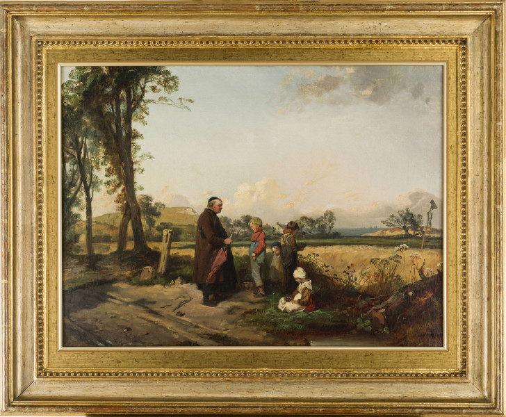 Obraz przedstawia grupę rozmawiających na tle pejzażu, przy drodze. Po środku z lewej stojący bokiem otyły ksiądz w starszym wieku, z krótkimi siwymi włosami. Ubrany w brązowy płaszcz, pod nimi krótką, czarną sutannę, na głowie czarna piuska. W prawej ręce trzyma złożony, fioletowy parasol. Po prawej czwórka małych dzieci z opuszczonymi głowami. Troje stoi, dwaj chłopcy stoją plecami do siebie, przy nich najmłodsza dzieczynka, druga siedzi z przodu grupy. Pierwszy z lewej - chłopiec o jasnych włosach, ubrany w niebieskie spodnie na szelkach i czerwoną bluzkę. Tyłem do niego chłopiec w ciemnych spodniach na szelkach, białej, połatanej bluzce, w rękach trzyma kapelusz. Małe dziecko w brązowym stroju i niebieskiej czapce, siedząca dziewczynka, w czerwonej spódnicy, brązowej bluzce, białym fartuchu i białej chustce. 
W lewym, dolnym rogu droga z koleinami, przy niej wysokie drzewa. Po drugiej stronie w trawie zwalony pień. Na drugim planie łan zboża ze straszakiem na wróble, za nim pas zielonej trawy. W oddali po lewej stronie łagodne wzniesienie z grupą drzew, pośród których widnieją fragmenty zabudowań, po prawej piaszczysty pagórek, przed nim drzewo. Jasne niebo nad horyzontem wypełnione duzymi chmurami, pojedynczy ciemny obłok w prawym górnym rogu.