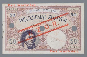 N/Bn/1626/ML - Aw. W prostej ramce tło z motywami roślinno-geometrycznymi. Centralnie od góry w łuku: BANK POLSKI / PIĘDZIESIĄT ZŁOTYCH; niżej poziomo: WARSZAWA dn. 28 Lutego 1919 roku. / Dyrekcja Banku Polskiego. 
Podpisy: Zygmunt Chamiec, Stanisław Karpiński. Niżej dwa ozdobne tonda; z lewej z wizerunkiem Tadeusza Kościuszki, z prawej znak wodny z podobizną wodza z profilu oraz ręcznie odbitym kolejnym numerem wzoru: 3423. W owalnych kartuszach w rogach oznaczenie nominału: 50, a w ramkach zdublowana numeracja: 026123 – A.42 / A.42 – 026123

Rw. W prostej ramce tło z motywów arabeski, symboliki rolnictwa i handlu. W rogach oznaczenie nominału: 50. Centralnie od góry poziomo napis: PIĘĆDZIESIĄT ZŁOTYCH 
Niżej mniejszą czcionką: Na mocy uchwały sejmowej / bilety Banku Polskiego / są prawnym środkiem płatniczym / w Polsce
Niżej sankcja karna: PODRABIANIE BILTÓW I WSPÓŁ[ZIAŁANIE W] ICH ROZPOWSZECHNIANIU / KARANE JEST [CIĘŻKIM W]IĘZIENIEM
U dołu dwa tonda; w lewym znak wodny z wizerunkiem Tadeusza Kościuszki z profilu, w prawym godło państwa polskiego.
Dwustronne napisy w kolorze czerwonym: u góry z lewej i u dołu z prawej strony: Bez wartości oraz skośnie pomiędzy dwiema równoległymi podwójnymi liniami: WZÓR. Banknot perforowany trzema dziurkami o średnicy około 10 mm.