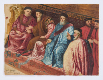 Scena figuralna we wnętrzu skomponowana po przekątnej od lewego górnego do prawego dolnego rogu. Grupa sześciu mężczyzn - pięciu siedzi na ławie, jeden stoi przed nimi na pierwszym planie - ubranych w barwne, zdobione szaty, prowadzi rozmowę. Siedzą na rzeźbionej ławie wyłożonej kobiercem, ustawionej na dwóch schodkach.
