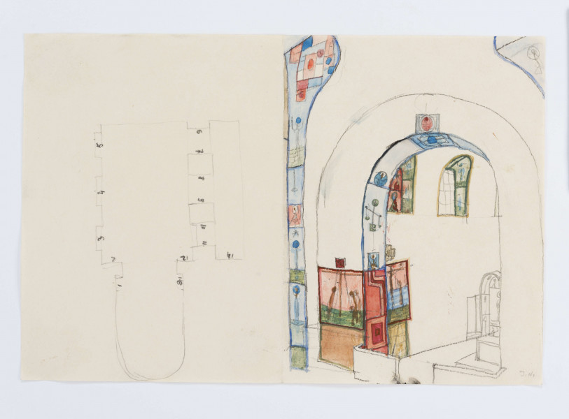 Projekt niezrealizowanej polichromii do kościoła akademickiego KUL. Rzut kościoła, wystrój prezbiterium i ściany tęczowej. W w niższych partiach nawy i filarów oraz prezbiterium geometryczne pola ze scenami Drogi Krzyżowej. Na ścianie tęczowej uproszczone wizerunki świętych, w zwieńczeniu ściany tęczowej abstrakcyjne dekoracje w formie geometrycznych pól. W głębi, po prawej fragment ołtarza, po lewej rzut światyni z oznaczonymi numerycznie stacjami Drogi Krzyżowej.