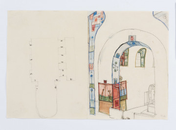Projekt niezrealizowanej polichromii do kościoła akademickiego KUL. Rzut kościoła, wystrój prezbiterium i ściany tęczowej. W w niższych partiach nawy i filarów oraz prezbiterium geometryczne pola ze scenami Drogi Krzyżowej. Na ścianie tęczowej uproszczone wizerunki świętych, w zwieńczeniu ściany tęczowej abstrakcyjne dekoracje w formie geometrycznych pól. W głębi, po prawej fragment ołtarza, po lewej rzut światyni z oznaczonymi numerycznie stacjami Drogi Krzyżowej.
