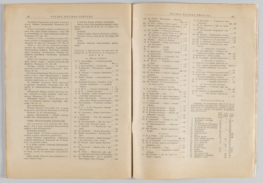 ML/H/4155 - Czasopismo „Polska Macierz Szkolna”, nr 5-6 z 20 lipca 1918 r. Miesięcznik wydawany w Warszawie poświęcony sprawom oświaty. Druk w miękkiej oprawie, tekst w dwóch kolumnach rozmieszczony na 50 numerowanych stronach. Na okładce w nagłówku tytuł czasopisma. Poniżej dane adresowe redakcji oraz reklamy w ozdobnych ramkach. Na pierwszej stronie powtórzony tytuł. Poniżej nazwisko redaktora oraz niewielka grafika z alegorią P.M.S. Zawartość: sprawozdania z działalności wydawcy (m. in. o działalności Koła Miejskiego P.M.S. w Lublinie) oraz artykuły o tematyce oświatowej (w tym o potrzebie reformy szkół żeńskich). Większość tekstów podpisana nazwiskami autorów. 