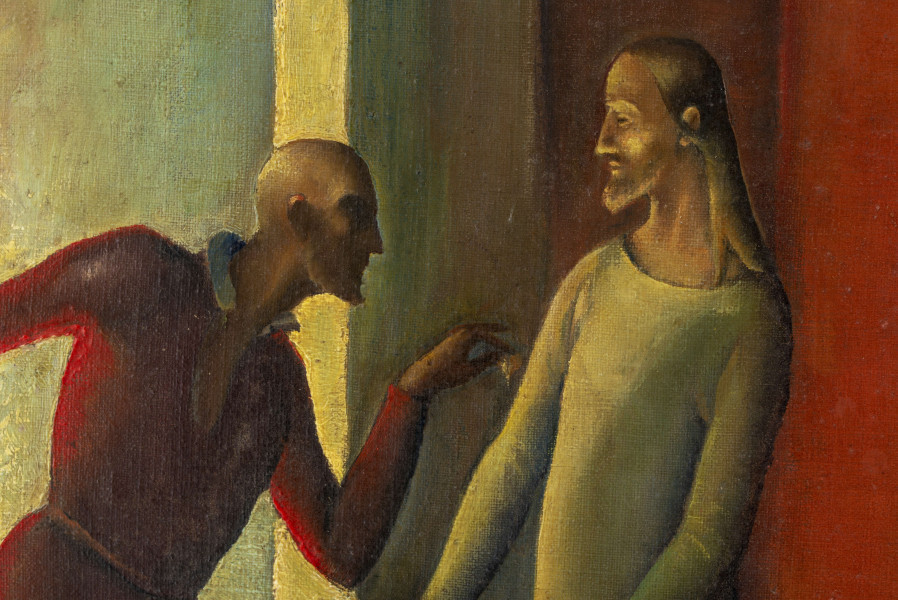 Stylizowana scena ewangeliczna we wnętrzu – kuszenie Chrystusa. Postać Chrystusa w jasnej szacie z długimi rękawami ujęta centralnie, zwrócona w lewą stronę. Obie ręce wyciągnięte ku stojącemu z lewej strony łysemu, pochylonemu mężczyźnie ze spiczastą bródką, który ubrany jest w czerwony, przepasany kaftan z białym kołnierzykiem oraz szmaragdowe rajtuzy. Mężczyzna w zgiętej, wyciągniętej lewej dłoni podaje Chrystusowi złotą monetę. Postać mężczyzny wyłania się z otworu drzwi, które zajmują całą lewą stronę płótna. W głębi, za Chrystusem widoczny leżący na podłodze kubiczny podest oraz rozwieszona na tle ściany kotara o oranżowo-czerwonej barwie. Postaci rzucają wyraźne cienie. Cień Chrystusa, o monumentalnej skali, widoczny jest na kotarze. Barwy opalizujące – zielenie, ugry, żółcienie z akcentami czerwieni, oranżu. Obraz malowany gładko.