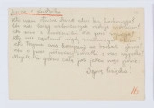 Rękopis Józefa Czechowicza, tekst zapisany czarnym ołówkiem na odwrocie kartonika (wym. 10 x 15 cm), na którym po stronie recto znajduje się drukowany formularz zaproszenia na 