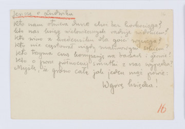 Rękopis Józefa Czechowicza, tekst zapisany czarnym ołówkiem na odwrocie kartonika (wym. 10 x 15 cm), na którym po stronie recto znajduje się drukowany formularz zaproszenia na 