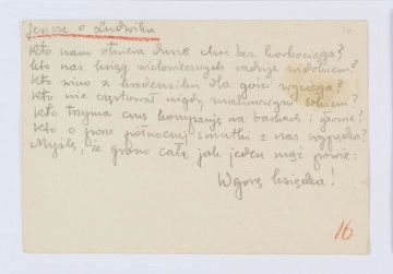 Rękopis Józefa Czechowicza, tekst zapisany czarnym ołówkiem na odwrocie kartonika (wym. 10 x 15 cm), na którym po stronie recto znajduje się drukowany formularz zaproszenia na 