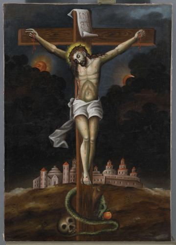 E/17689/ML - Obraz przedstawia Chrystusa Ukrzyżowanego na wzgórzu Golgota. W centralnej części krzyż oznaczony plakietką INRI,  z ciałem Jezusa ukazanym bardzo realistycznie – Zbawiciel, w białym rozwianym perizonium i koronie cierniowej,  już nie żyje, a z jego przebitego boku wypływa krew. Krople krwi są także w okolicach innych ran: na dłoniach, głowie, stopach oraz spływają mniejszymi kropelkami po całym ciele. Wokół głowy, z długimi brązowymi włosami, jaśnieje promienista aureola. 
U stóp krzyża, po lewej stronie bieleje czaszka praojca Adama, którego grób – według tradycji judeochrześcijańskiej miał być w skale Golgoty. Po prawej pomarańczowo-żółte jabłko oraz  zbliżający się do niego, wijący wokół podstawy krzyża, zielony wąż. Wokół krzyża, na wzgórzu w różnych odcieniach brązu, zarysowane małe kępki traw. W oddali na horyzoncie, w tle dla całej sceny namalowane zostało miasto, z piaskowo-beżowymi budynkami o czerwonych dachach wież, otoczone murami – Jerozolima, z której wyprowadzono Jezusa, aby był ukrzyżowany poza miastem, jak nakazywało prawo rzymskie.
W górnej partii tła zaciemnione niebo, z granatowymi burzowymi chmurami. Postać Zbawiciela ukazana tym samym jest na tle w połowie krajobrazu ziemskiego i w połowie  nierzeczywistego nieba, z zarysowanymi złocistymi kształtami księżyca (po prawej) i słońca (po lewej).

Konserwacja: 2013 r.