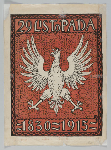 ML/H/559 ML/H/559 - Pośrodku biały orzeł z koroną. Tło czerwone z motywem czteroliścia w rombie. Dookoła ramka. W górnej części napis białego koloru: 29 listopada, w dolnej daty: 1830 - 1915.