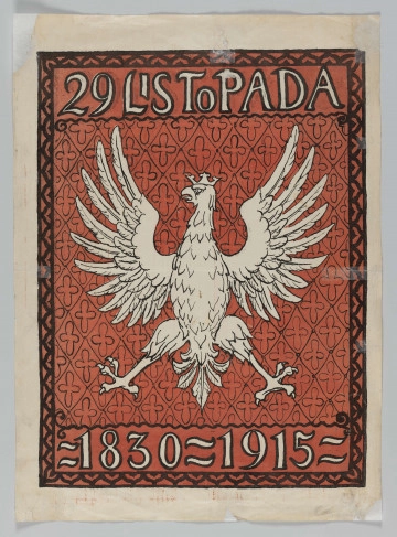 ML/H/559 ML/H/559 - Pośrodku biały orzeł z koroną. Tło czerwone z motywem czteroliścia w rombie. Dookoła ramka. W górnej części napis białego koloru: 29 listopada, w dolnej daty: 1830 - 1915.