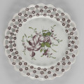 S/CS/1523/ML - Talerz płytki z szerokim ażurowym kołnierzem ze skośnej kratownicy o falistym konturze brzegu. Kratownica zdobiona na złączach kwiatkami. Pokryty polewą w kolorze kremowobiałym; w lustrze duża jasnozielona gałązka z kawiatami w kolorze fioletowej purpury, tego samego koloru kwiatki na kołnierzu.
 