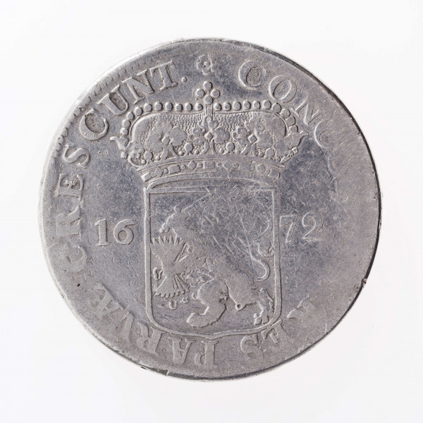 Aw. Postać rycerza w zbroi, głową zwrócona w prawo, z przyłbicą  z podniesioną zasłoną. Rycerz w prawej dłoni trzyma miecz ostrzem skierowany do góry, a w lewej na wstędze tarczę z herbem prowincji Zelandia. Legenda dookolna rozdzielona na górze wizerunkiem, poprzedzona znakiem menniczym:
MON.NOV.ARG.PRO:CONFOE:BEL[G? CO]M.ZEL
Dwie ostatnie litery w członie CONFOE oddane w formie ligatury. Przy obrzeżu widoczny fragment nieliniowego otoku.

Rw. Ukoronowana tarcza z herbem Republiki Zjednoczonych Prowincji dzieląca datę 16 – 72, umieszczoną na osi poziomej. Legenda dookolna spięta u góry rozetką:
CONCOR[DIA] RES PARVAE CRESCUNT
Ostatnie dwie litery w wyrazie PARVAE oddane w formie ligatury. Przy obrzeżu pojedynczy otok ząbkowany.