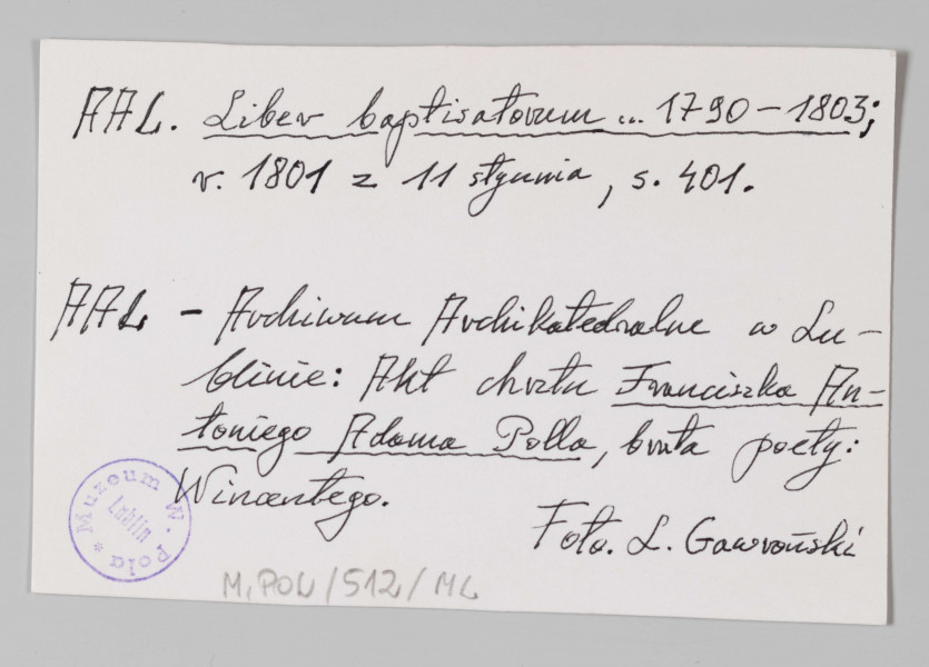 Fotokopia aktu chrztu Franciszka Antoniego Adama Polla - brata Wincentego Pola, poety. Dokument spisany odręcznie, starannym charakterem pisma, czarnym atramentem.