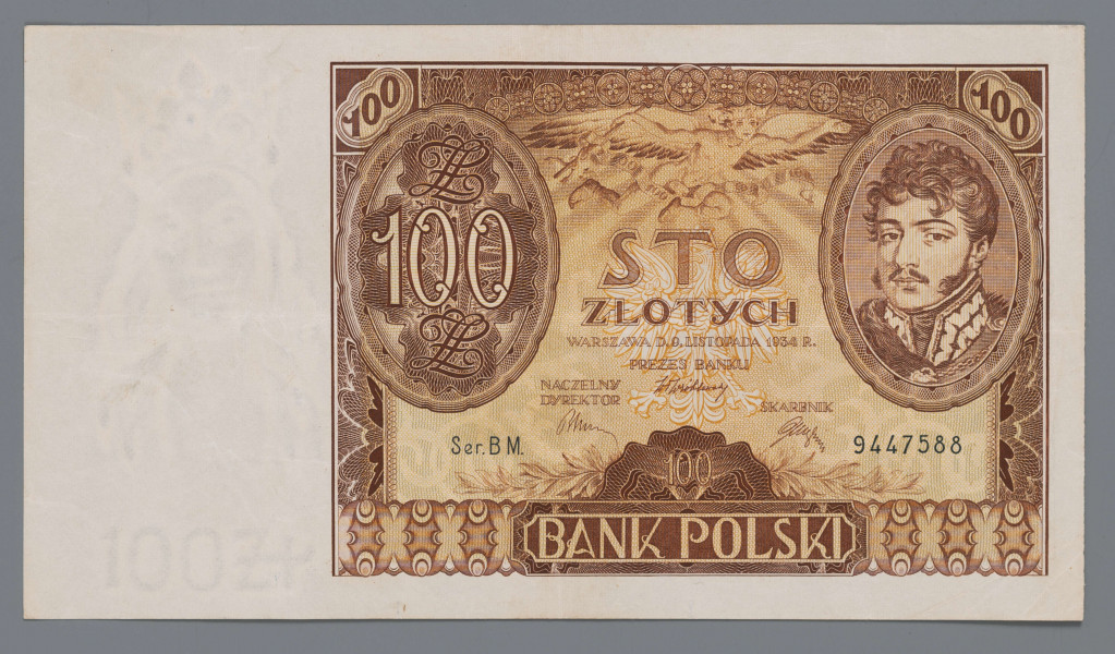 N/Bn/1361/ML - Aw. W lewym marginesie znak wodny: popiersie królowej Jadwigi / 100 ZŁ. W prostej ramce w górnych rogach u góry: 100 – 100. Z lewej w medalionie: ZŁ / 100 / ZŁ, z prawej portret ks. Józefa Poniatowskiego. U góry skrzydlaty Hermes kaduceuszem i wstęgą, z czterokrotnie powtórzoną wartością: 100. Niżej na tle godła Rzeczypospolitej napis: STO / ZŁOTYCH / WARSZAWA D. 9. LISTOPADA 1934 R. / PREZES BANKU / NASZELNY / DREKTOR – SKARBNIK
Podpisy odpowiednio: Władysław Wróblewski, Leon Barański, Stanisław Orczykowski
Niżej półrozeta z wartością: 100. U dołu w ramce: BANK POLSKI
Seria i numer: Ser. B M. – 9447588

Rw. W polu centralnym, w ozdobnym owalu, dąb z Wiśniowej z widokiem na morze. Po bokach postać Hermesa i Fortuna, symbolizujące przemysł i handel. Centralnie u góry w kartuszu: STO / ZŁOTYCH. Niżej, na osi, w wieńcu  z kłosów zboża monogram BP i pług - atrybut rolnictwa. W rogach powtórzenie wartości: 100. U dołu w ramce napis, rozdzielony przez opisany wyżej wieniec z kłosów: BILETY BANKU – POLSKIEGO SĄ / PRAWNYM ŚRODKIEM – PŁATNICZYM w POLSCE
