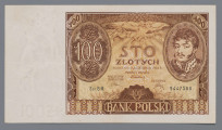 N/Bn/1361/ML - Aw. W lewym marginesie znak wodny: popiersie królowej Jadwigi / 100 ZŁ. W prostej ramce w górnych rogach u góry: 100 – 100. Z lewej w medalionie: ZŁ / 100 / ZŁ, z prawej portret ks. Józefa Poniatowskiego. U góry skrzydlaty Hermes kaduceuszem i wstęgą, z czterokrotnie powtórzoną wartością: 100. Niżej na tle godła Rzeczypospolitej napis: STO / ZŁOTYCH / WARSZAWA D. 9. LISTOPADA 1934 R. / PREZES BANKU / NASZELNY / DREKTOR – SKARBNIK
Podpisy odpowiednio: Władysław Wróblewski, Leon Barański, Stanisław Orczykowski
Niżej półrozeta z wartością: 100. U dołu w ramce: BANK POLSKI
Seria i numer: Ser. B M. – 9447588

Rw. W polu centralnym, w ozdobnym owalu, dąb z Wiśniowej z widokiem na morze. Po bokach postać Hermesa i Fortuna, symbolizujące przemysł i handel. Centralnie u góry w kartuszu: STO / ZŁOTYCH. Niżej, na osi, w wieńcu  z kłosów zboża monogram BP i pług - atrybut rolnictwa. W rogach powtórzenie wartości: 100. U dołu w ramce napis, rozdzielony przez opisany wyżej wieniec z kłosów: BILETY BANKU – POLSKIEGO SĄ / PRAWNYM ŚRODKIEM – PŁATNICZYM w POLSCE
