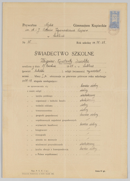 ML/MART/188 - Świadectwo szkolne Prywatnego Męskiego Gimnazjum Kupieckiego A. i J. Vetterów. Zgromaszenie Kupców w Lublinie. Nr 35, rok szkolny 1938/39 na nazwisko Siuchta Zbigniew (klasa I 