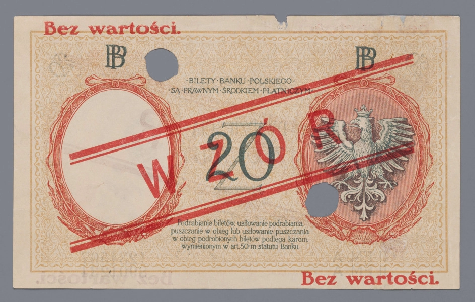 N/Bn/1622/ML - Aw. W prostej ramce z motywem paragrafu, na tle z motywem rozetek i krzyżyka, dwa ozdobne medaliony zwieńczone godłem państwa polskiego. Z lewej z wizerunkiem Tadeusza Kościuszki, z prawej ze znakiem wodnym z podobizną Tadeusza Kościuszki z profilu.  Nad medalionami oznaczenie wartości:20; pomiędzy cyframi litera: Z. Centralnie: BANK POLSKI / DWADZIEŚCIA / ZŁOTYCH / WARSZAWA / 15 . lipca . 1924 r. Niżej: PREZES BANKU / NACZELNY DYREKTOR – SKARBNIK; podpisy odpowiednio: Stanisław Karpiński / Władysław Mieczkowski – Stanisław Orczykowski. U dołu od lewej seria i numer: II EM. A / II EM. A – 1234567 / 8901234

Rw. W prostej ramce, na tle stylizowanego ornamentu roślinnego dwa osobne medaliony; w lewym znak wodny - wizerunek Tadeusza Kościuszki z profilu, w prawym godło państwa polskiego. Nad medalionami monogram BP. Na osi centralnie tekst formuły prawnej:  BILETY . BANKU . POLSKIEGO . / . SĄ . PRAWNYM . ŚRODKIEM . PŁATNICZYM .
U dołu tekst sankcji karnej: Podrabianie biletów, usiłowanie podrabiania, / puszczanie w obieg lub usiłowanie puszczania / w obieg podrobionych biletów podlega karom / wymienionym w art. 50-m statutu Banku.
Centralnie oznaczanie wartości: 20 – pomiędzy cyframi litera: Z
Dwustronne napisy w kolorze czerwonym: u góry z lewej i u dołu z prawej strony: Bez wartości oraz skośnie pomiędzy dwiema równoległymi podwójnymi liniami: WZÓR. Banknot perforowany dwiema dziurkami o średnicy około 12 mm.
