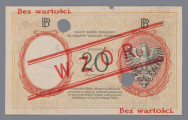 N/Bn/1622/ML - Aw. W prostej ramce z motywem paragrafu, na tle z motywem rozetek i krzyżyka, dwa ozdobne medaliony zwieńczone godłem państwa polskiego. Z lewej z wizerunkiem Tadeusza Kościuszki, z prawej ze znakiem wodnym z podobizną Tadeusza Kościuszki z profilu.  Nad medalionami oznaczenie wartości:20; pomiędzy cyframi litera: Z. Centralnie: BANK POLSKI / DWADZIEŚCIA / ZŁOTYCH / WARSZAWA / 15 . lipca . 1924 r. Niżej: PREZES BANKU / NACZELNY DYREKTOR – SKARBNIK; podpisy odpowiednio: Stanisław Karpiński / Władysław Mieczkowski – Stanisław Orczykowski. U dołu od lewej seria i numer: II EM. A / II EM. A – 1234567 / 8901234

Rw. W prostej ramce, na tle stylizowanego ornamentu roślinnego dwa osobne medaliony; w lewym znak wodny - wizerunek Tadeusza Kościuszki z profilu, w prawym godło państwa polskiego. Nad medalionami monogram BP. Na osi centralnie tekst formuły prawnej:  BILETY . BANKU . POLSKIEGO . / . SĄ . PRAWNYM . ŚRODKIEM . PŁATNICZYM .
U dołu tekst sankcji karnej: Podrabianie biletów, usiłowanie podrabiania, / puszczanie w obieg lub usiłowanie puszczania / w obieg podrobionych biletów podlega karom / wymienionym w art. 50-m statutu Banku.
Centralnie oznaczanie wartości: 20 – pomiędzy cyframi litera: Z
Dwustronne napisy w kolorze czerwonym: u góry z lewej i u dołu z prawej strony: Bez wartości oraz skośnie pomiędzy dwiema równoległymi podwójnymi liniami: WZÓR. Banknot perforowany dwiema dziurkami o średnicy około 12 mm.
