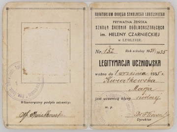 ML/MART/273 - Legitymacja uczniowska Prywatnej Żeńskiej Szkoły Średniej Ogólnokształcącej im. Heleny Czarnieckiej w Lublinie wystawiona na nazwisko Kwiatkowska Marja, legitymacja nr 152 na rok szkolny 1934/1935, 