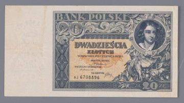 N/Bn/850/ML - Aw. W lewym marginesie znak wodny - wizerunek Kazimierza Wielkiego / ZŁ 20 ZŁ. Ornamentyka roślinna z motywami ostu, akantu, giloszowanych rozet oraz płodów rolnych, atrybutów rolnictwa i przemysłu. U góry w ramce: BANK POLSKI. Niżej w wyodrębnionym polu: DWADZIEŚCIA / ZŁOTYCH / WARSZAWA 20 CZERWCA 1931 r. / PREZES BANKU / NACZELNY DYREKTOR / SKARBNIK
Odpowiednio podpisy: Władysław Wróblewski, Władysław Mieczkowski, Stanisław Orczykowski. Z prawej w tondzie portret Emilii Plater. Seria i numer: AJ. 6708896

Rw. W ramce z motywami roślinnymi kolumny, w ich bazach godła państwowe, u góry kartusz z owocami i ozdobne oznaczenie nominału - 20. Centralnie postać wieśniaczki ze snopem i puttami symbolizującymi rolnictwo i przemysł. U góry w ramce: BANK POLSKI; u dołu: DWADZIEŚCIA ZŁOTYCH
W prawym marginesie znak wodny, taki jak na awersie.
