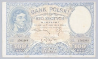Aw. W ramce z motywem motyli i akantu centralnie od góry: BANK POLSKI / STO ZŁOTYCH / WARSZAWA / DN 28 LUTEGO 1919 ROKU / DYREKCJA BANKU POLSKIEGO / GŁÓWNY SKARBNIK
Podpisy: Stanisław Karpiński, Zygmunt Chamiec / Marian Karpus
Dwa ozdobne medaliony; w lewym wizerunek Tadeusza Kościuszki, w prawym znak wodny z podobizną wodza z profilu. Pod medalionami dwukrotnie powtórzona numeracja i oznaczenie wartości: No. / S.B. 3503968 / 100 / STO
U dołu centralnie: STO / ZŁOTYCH

Rw. W ramce zdobionej rozetkami i motywem akantu centralnie od góry w łuku: NA MOCY UCHWAŁY SEJMOWEJ, a niżej poziomo: BILETY / BANKU POLSKIEGO SĄ / PRAWNYM ŚRODKIEM PŁATNICZYM / W POLSCE
Niżej: PODRABIANIE BILETÓW I WSPÓŁDZIAŁANIE W ICH ROZPOWSZECHNIANIU KARANE / JEST CIĘŻKIM / WIĘZIENIEM
Pomiędzy klauzulami prawnymi wartość: 100
Dwa ozdobne medaliony; w lewym znak wodny z podobizną Tadeusza Kościuszki z profilu, w prawym godło państwa polskiego.
W dolnych rogach ozdobne tonda z wartością: 100 - cyfry ozdobne.
U dołu sygnatura wytwórni.