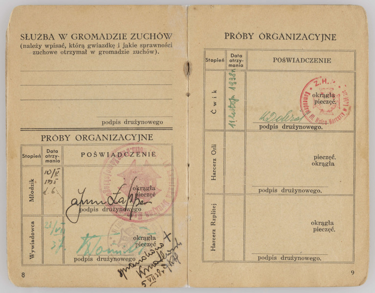 ML/MART/204 - Książeczka służbowa numer 14542 Związku Harcerstwa Polskiego wydana na nazwisko Chabrowski Józef, w książeczce jest wykaz sprawności i drużyna harcerska do której należał Józef Chabrowski.