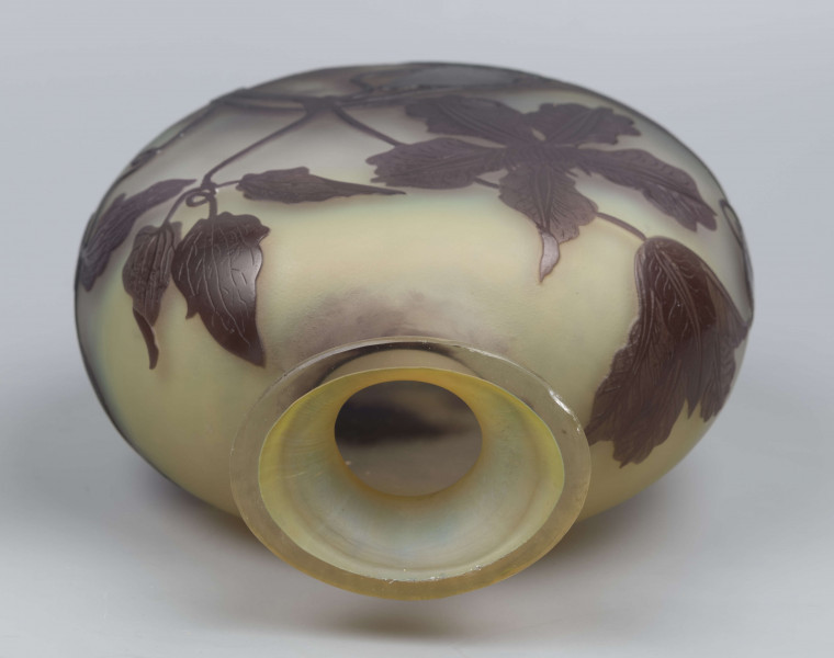 S/CS/1378/ML - Wazon w formie kuli pionowo spłąszczonej z krótką szyją i owalnym wylewem, szeroko wywiniętym, z płasko sciętym brzegiem; ze szkła bezbarwnego, matowionego, przy dnie i przy szyi barwionego na kolor żółty i fioletowobrunatny. Na powierzchni plastyczny wzór swobodnie rzuconej gałązki klematisu z kwiatami w kolorze fioletowobrunatnym.
 