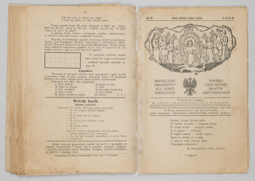 ML/MART/186 - Nasz Przewodnik - miesięcznik obrazkowy dla dzieci szkolnych, pisemko dziecięcych bractw abstynenckich pod redakcja ks. Józefa Janiszewskiego w Poznaniu, rocznik miał 50 stron, druk od lewej do prawej, 