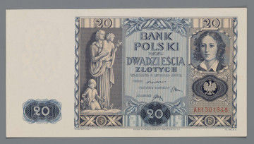 N/Bn/1303/ML - Aw. W lewym marginesie znak wodny - wizerunek Emilii Plater w profilu w prawo, Niżej giloszowana rozetka z oznaczeniem nominału 20. W polu, centralnie, pod splecionym wstęgą z motywem roślinnym poziomo napis: BANK / POLSKI / DWADZIEŚCIA / ZLOTYCH / WARSZAWA 11 LISTOPADA 1936 R. / PREZES / NACZELNY DYREKTOR / SKARBNIK
Podpisy, odpowiednio: Władysław Byrka, Leon Barański, Stanisław Orczykowski. Niżej w giloszowanej rozecie z motywami roślinnymi wartość 20. Monogramy BP.
W kolumnie z lewej od góry: 20 / kobieta w tunice z dwójką dzieci / monogram BP. W prawej kolumnie od góry: 20 /  portret Emilii Plater / na tle giloszowanej rozety godło państwowe / monogram BP 
Seria i numer: AH1301948
U dołu sygnatury autora, wytwórni i rytownika płyty: W. BORKOWSKI FEC. – POLSKA WYTWÓRNIA PAPAIERÓW WARTOŚCIOWYCH S.A. – WŁ. VACEK SC.

Rw. W polu centralnym widok Wawelu. Z lewej postać symbolizująca budowniczych Wawelu, z prawej postać kobiety symbolizującej wiedzę. Wyżej napis: DWADZIEŚCIA / ZŁOTYCH; u dołu treść rozdzielona monogramem BP: BILETY BANKU – POLSKIEGO / SĄ PRAWNYM – ŚRODKIEM / PŁATNICZYM – W POLSCE. Po bokach wartość 20



