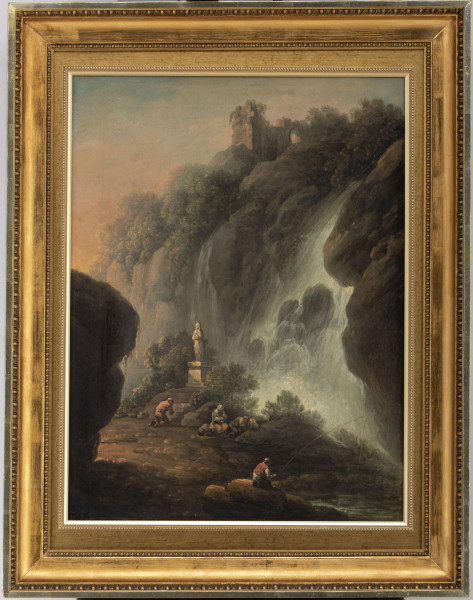 Skaliste wzgórze, na którym znajdują się ruiny zamku otoczonego drzewami; z prawej strony wzgórza spływa kaskadami wodospad. U stóp wodospadu figura na postumencie, nieco bliżej kobieta z dzieckiem na ręku i klęczący mężczyzna. Na pierwszym planie siedzący rybak z wędką, po  lewej stronie - skała.