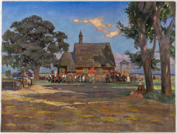 Przedstawienie uroczystości religijnej. Wiejski kościół pośród drzew na tle rozległego letniego pejzażu. Przed drewnianym kościółkiem z wysokim gontowym dachem z wieżyczką, usytuowanym pośrodku kompozycji kolorowa odpustowa procesja z chorągwiami. Po lewej stronie, za dużym drzewem  malutki bielony na biało budynek z czterospadowym dachem. Nieco przed drewniany wóz z puszczonym wolno koniem. Po przeciwnej stronie, w cieniu wysokich drzew, wkępie bujnej trawy odpoczywająca chłopka z małą dziewczynką. Kobieta w długiej, różowej spódnicy, brązowej chuście na ramionach, białej chusteczce na głowie; dziewczynka w białej bluzce i różowej spódniczce. Pierwszy plan wypełnia ocieniona przez drzewa jasnobrązowa łąka z żółtymi kwiatami i kępkami zielonej trawy. W tle ciemnobłękitne niebo z jednym białym obłokiem na dachem kościoła.