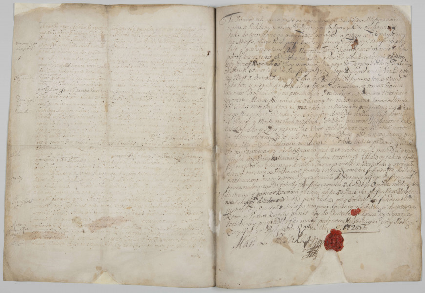 ML/H/590 - Transumpt ordynacji miasta Biłgoraja z 1634 r. wydanej przez Zbigniewa Gorajskiego. Dokument w języku polskim z 1665 r. wystawiony przez Władysława Reja z Nagłowic, podskarbiego koronnego i jego małżonkę Teofilę z Goraja Rejową, dziedziców Biłgoraja. Zamieszczone podpisy kolejnych właścicieli miasta: Konstancji z Potoka Szczuczyny, Marcina Leopolda Szczuki i Jana Szczuki. Dodatkowo opisane postanowienia i potwierdzenia ordynacji przez Marcina Leopolda Szczukę z datą 25 sierpnia 1726 r. Cztery karty z widocznymi ubytkami pergaminu. Zapisana ostatnia strona. Wykruszona pieczęć lakowa. 