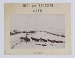 ML/H/F/77 - Fotografia przedstawia miejscowość Usol na Syberii, miejsce zesłania powstańców styczniowych. Na pierwszym planie sześć koni zaprzęgniętych do załadowanych sań oraz leżące na śniegu pnie drzew. W oddali drewniana zabudowa miasteczka, w tym cerkiew. Fotografia naklejona na passepartout z napisem powyżej zdjęcia: 