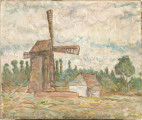 W centralnej części obrazu wiatrak z długimi skrzydłami. Po jego prawej stronie dom z gankiem oraz płot. Na pierwszym planie rozległa łąka. Na horyzoncie szpaler wysokich, smukłych drzew. Przy prawej krawędzi płótna jedno wyższe, rozłożyste drzewo. Na niebie skłębione chmury. W tonacji barwnej dominują brązy i zielenie, w partii nieba błękit i biel. Nieregularne, drobne pociągnięcia pędzla, wywołujące efekt fakturowy. 