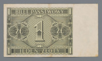 N/Bn/1296/ML - Aw. W polu środkowym giloszowana ramka. W lewym dolnym i górnym jej rogu oznaczenie nominału - 1. Od góry: JEDEN ZŁOTY / BILET / PAŃSTWOWY / JEDEN ZŁOTY / WARSZAWA 1 PAŹDZIERNIKA 1938 ROKU / MINISTER SKARBU - E. Kwiatkowski / DEPARTAMENTU OBROTU PIENIĘŻNEGO - W. Domański / G 4038100 / JEDEN ZŁOTY. W prawym polu tondo z popiersiem króla Bolesława Chrobrego.

Rw. W rogach w prostokątnych poziomo kreskowanych polach wartość 1. Od góry: BILET PAŃSTWOWY / JEDEN ZŁOTY. 
Na prawym marginesie znaki wodne; 1 / ZŁ / 1 / ZŁ
