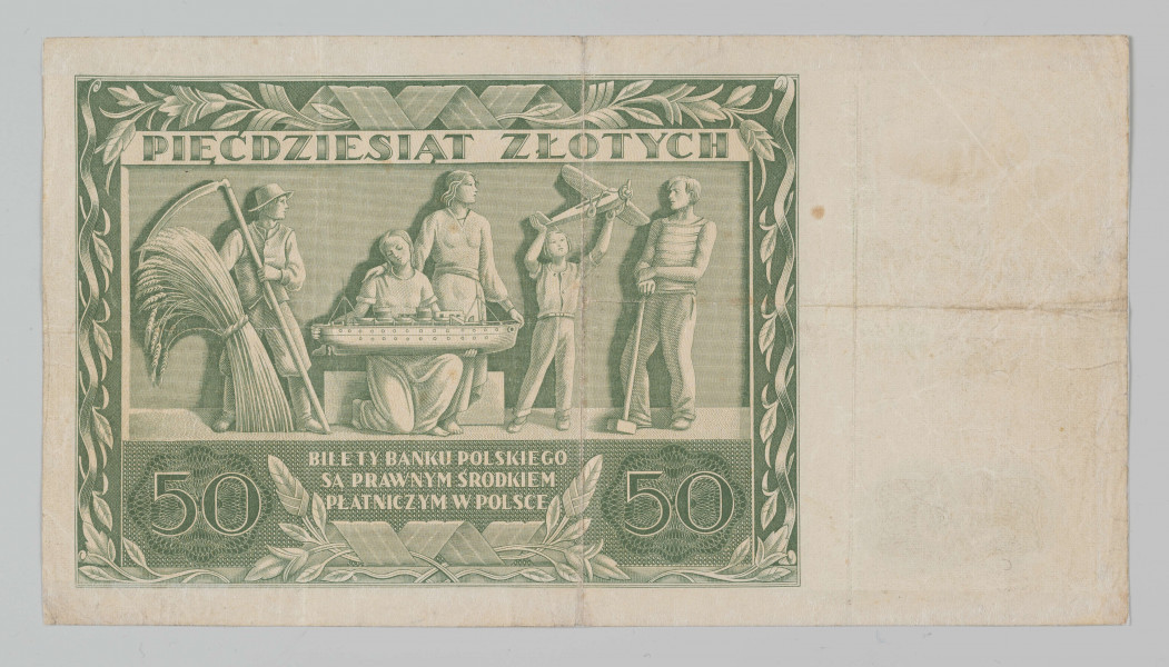 N/Bn/1439/ML - 
Aw. W ramce w polu centralnym pod pędami roślinnymi przeplecionymi wstęgą napis: BANK / POLSKI / 50 / PIĄĘĆDZIESIĄT / ZŁOTYCH / WARSZAWA 11 LISTOPADA 1936 R / PREZES / NACZELNY DYREKTOR / SKARBNIK
Odpowiednio podpisy: Władysław Bryka / Leon Barański / Stanisław Orczykowski
Niżej w tondzie monogram splecione litery BP - monogram Banku Polskiego; u dołu czerwonym kolorem seria i numer: AW0936644
W polu z lewej postać kobiety w tunice (personifikacja twórczości artystycznej), w polu z prawej w nieforemnym ośmiokącie głowa Jana Henryka Dąbrowskiego, niżej, na tle giloszowego ornamentu, godło państwa polskiego. U dołu wartość: 50 –50. 

Rw. W ramce z motywem roślinnym i wstęgi od góry: PIĘĆDZIESIĄT ZŁOTYCH / scena z z przedstawieniem dziedzin gospodarki narodowej: rolnictwa, przemysłu stoczniowego i lotniczego oraz ogólnego, a także sztuki. Niżej nad wstęgą z motywami roślinnymi tekst: BILETY BANKU POLSKIEGO / SĄ PRAWNYM ŚRODKIEM / PŁATNICZYM W POLSCE; po bokach na tle giloszowej rozety nominał: 50 –50

Na marginesie na giloszowym ornamencie nominał: 50. Znak wodny - postać Jana Henryka Dąbrowskiego.