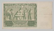 N/Bn/1439/ML - 
Aw. W ramce w polu centralnym pod pędami roślinnymi przeplecionymi wstęgą napis: BANK / POLSKI / 50 / PIĄĘĆDZIESIĄT / ZŁOTYCH / WARSZAWA 11 LISTOPADA 1936 R / PREZES / NACZELNY DYREKTOR / SKARBNIK
Odpowiednio podpisy: Władysław Bryka / Leon Barański / Stanisław Orczykowski
Niżej w tondzie monogram splecione litery BP - monogram Banku Polskiego; u dołu czerwonym kolorem seria i numer: AW0936644
W polu z lewej postać kobiety w tunice (personifikacja twórczości artystycznej), w polu z prawej w nieforemnym ośmiokącie głowa Jana Henryka Dąbrowskiego, niżej, na tle giloszowego ornamentu, godło państwa polskiego. U dołu wartość: 50 –50. 

Rw. W ramce z motywem roślinnym i wstęgi od góry: PIĘĆDZIESIĄT ZŁOTYCH / scena z z przedstawieniem dziedzin gospodarki narodowej: rolnictwa, przemysłu stoczniowego i lotniczego oraz ogólnego, a także sztuki. Niżej nad wstęgą z motywami roślinnymi tekst: BILETY BANKU POLSKIEGO / SĄ PRAWNYM ŚRODKIEM / PŁATNICZYM W POLSCE; po bokach na tle giloszowej rozety nominał: 50 –50

Na marginesie na giloszowym ornamencie nominał: 50. Znak wodny - postać Jana Henryka Dąbrowskiego.