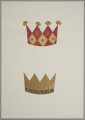 lico; Rysunek przedstawiający dwie korony. Zewnętrzną powierzchnię korony w górnej części kompozycji pokrywa wzór ze ściśle przylegających do siebie rombów i trójkątów. Na dole rząd czerwonych trójkątów, nad nimi żółte romby, a powyżej romby czerwone pokrywające się kształtem częściowo ze szczytami. Pośrodku rombów znajdują się małe złote kwadraty. Szczyty korony zwieńczone dzwoneczkami. Korona z dolnej części kompozycji jest złota. U dołu ma ozdobny fioletowy pasek. Na każdym ze szczytów znajduje się romb z motywem lilijki.