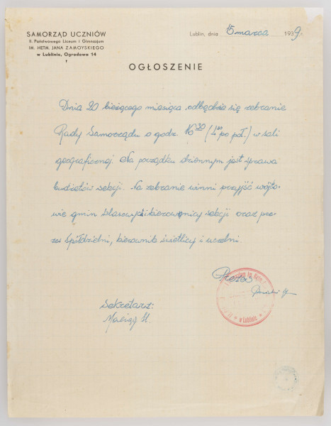 ML/MART/285 - Ogłoszenie Samorządu Uczniowskiego II Państwowego Liceum i Gimnazjum  im. Hetmana Jana Zamoyskiego w Lublinie informujące o mającym się odbyć zebraniu Rady Samorządu w dniu 20 marca 1939 r., pismo jednostronne, pismo od lewej do prawej